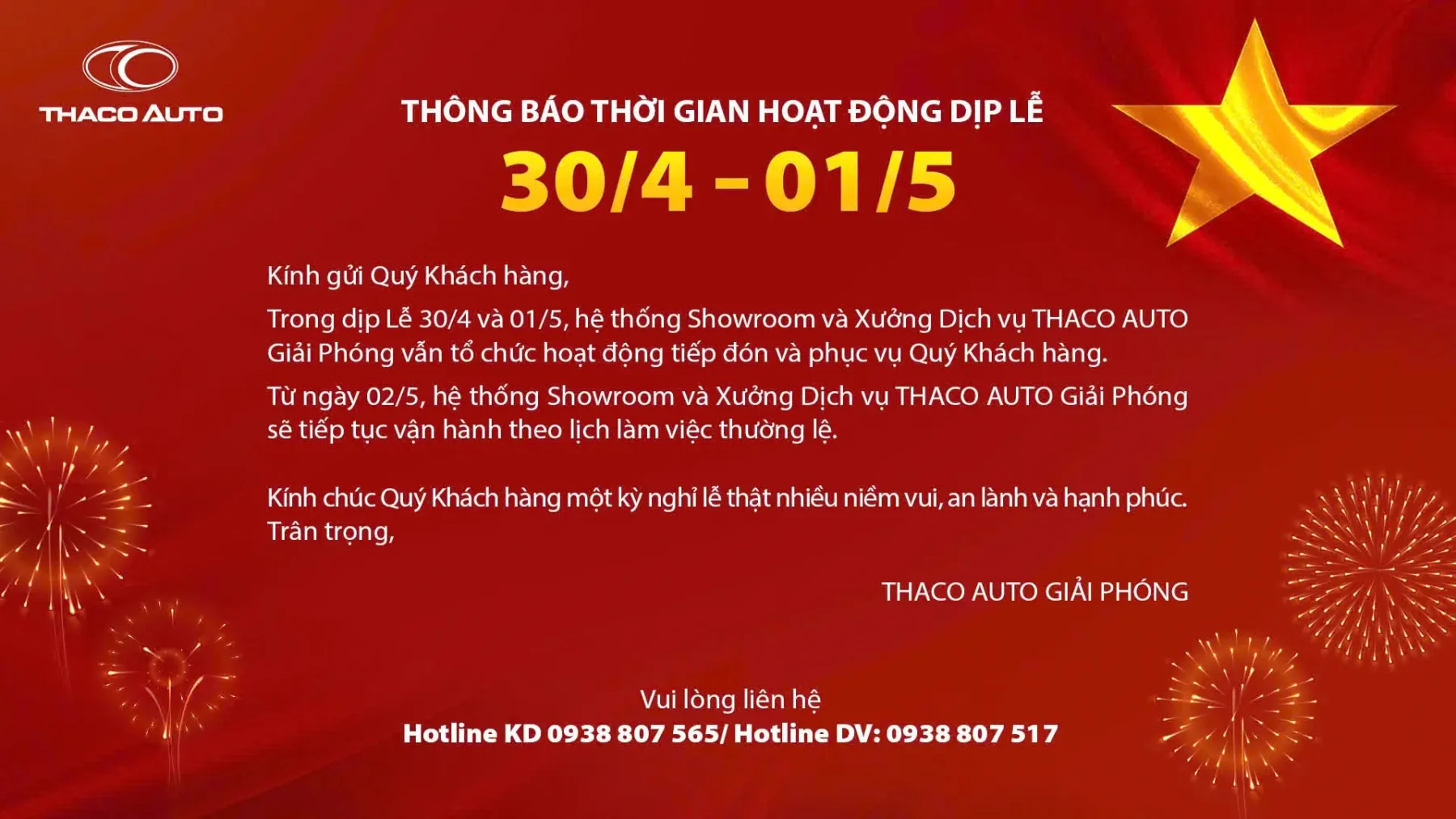 Thông báo lịch trực lễ 30/04-01/05 Thaco Auto Giải Phóng