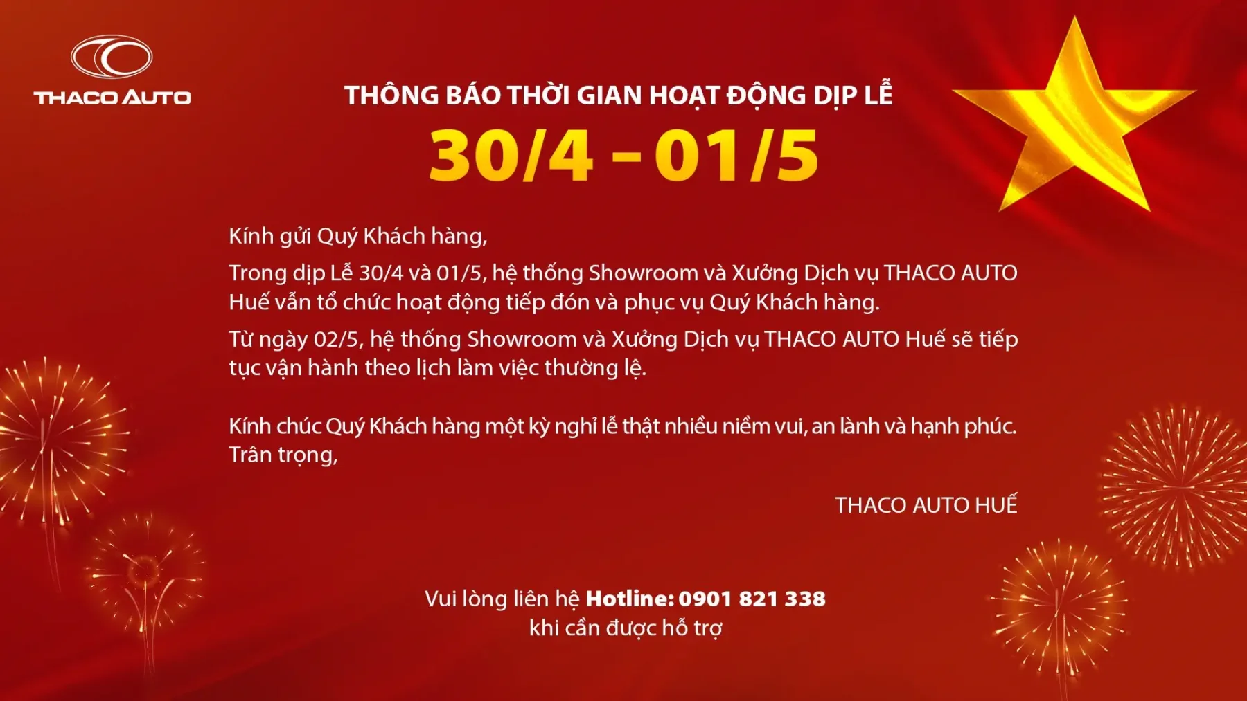 THÔNG BÁO THỜI GIAN HOẠT ĐỘNG DỊP LỄ 30/4 - 01/5