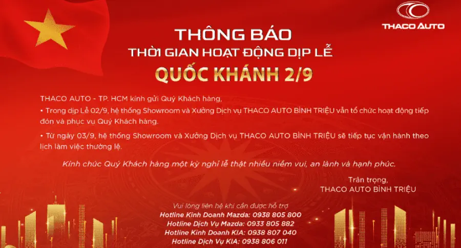 THÔNG BÁO THỜI GIAN HOẠT ĐỘNG DỊP LỄ QUỐC KHÁNH 02/9