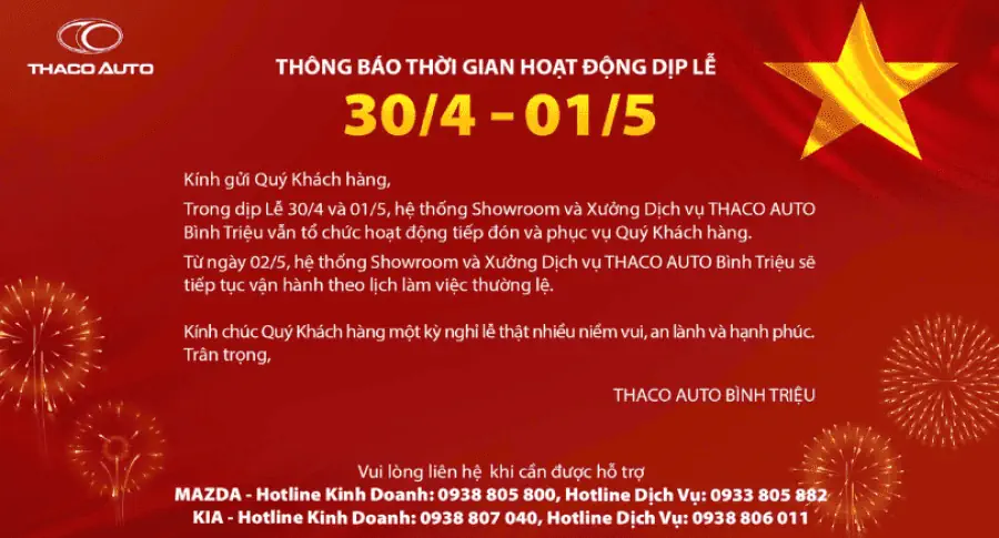 THÔNG BÁO THỜI GIAN HOẠT ĐỘNG DỊP LỄ 30.4 - 1.5