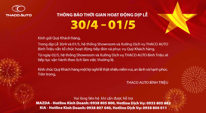 THÔNG BÁO THỜI GIAN HOẠT ĐỘNG DỊP LỄ 30.4 - 1.5