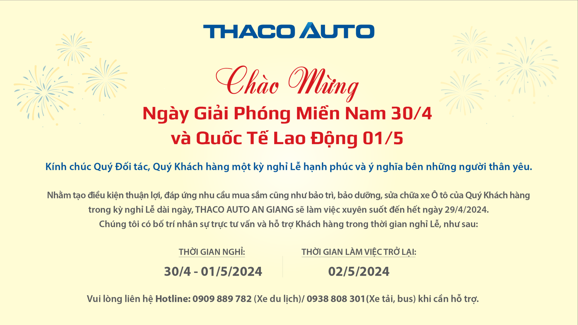 THACO AUTO AN GIANG THÔNG BÁO LỊCH HOẠT ĐỘNG TRONG DỊP LỄ 30/4 - 01/5