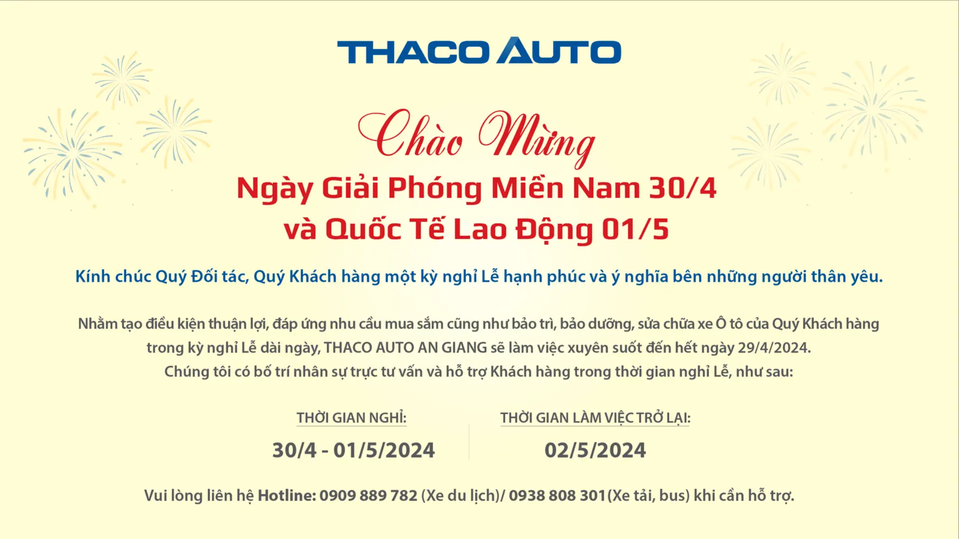 THACO AUTO AN GIANG THÔNG BÁO LỊCH HOẠT ĐỘNG TRONG DỊP LỄ 30/4 - 01/5