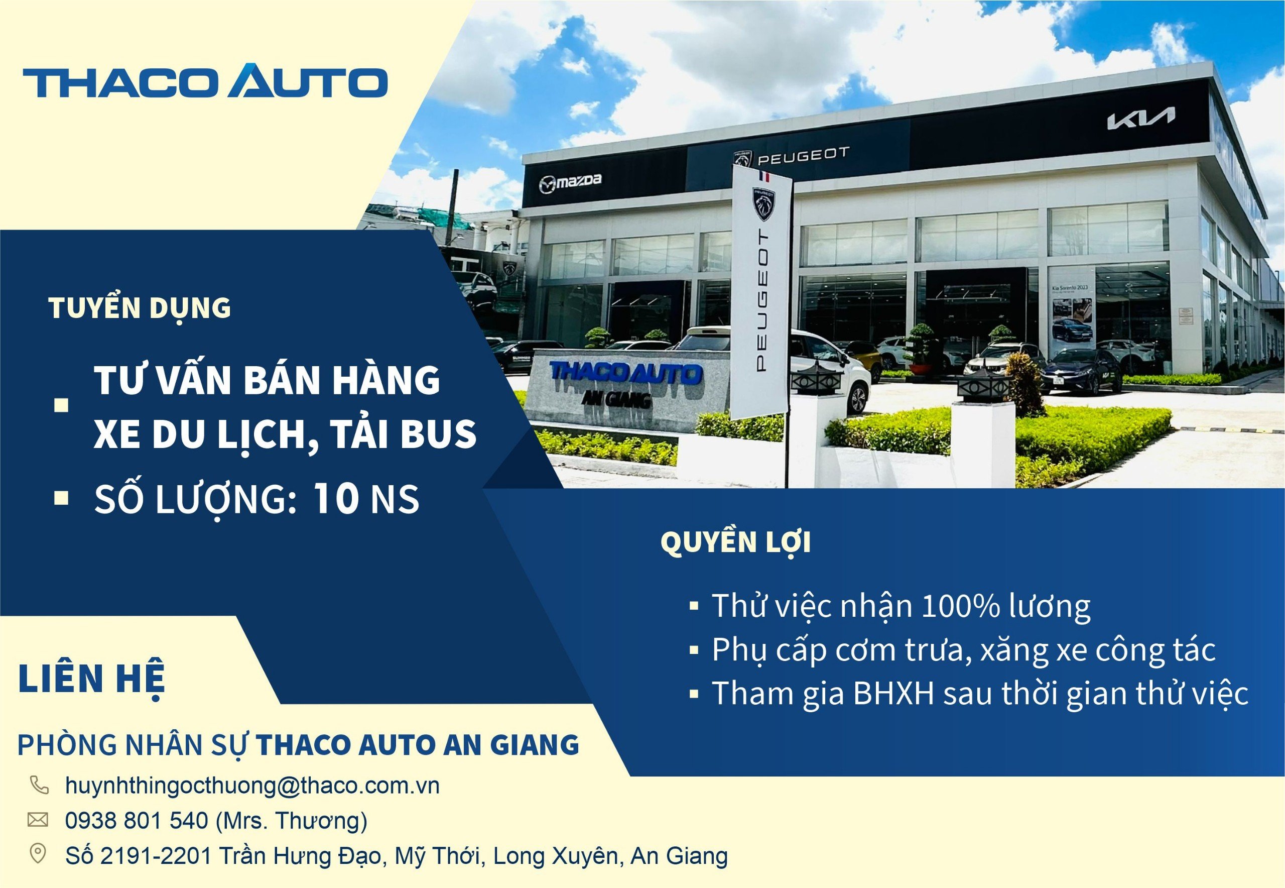 THACO AUTO An Giang tuyển dụng 10 tư vấn bán hàng xe Du lịch, xe Tải Bus