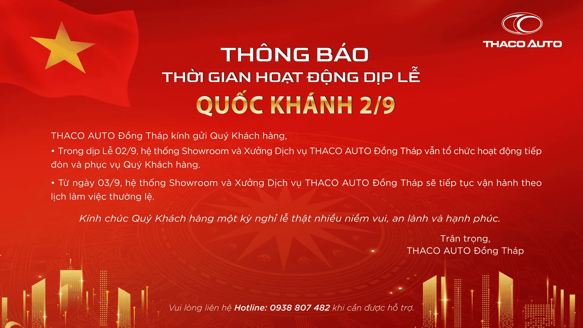 THÔNG BÁO THỜI GIAN HOẠT ĐỘNG DỊP LỄ QUỐC KHÁNH 02/9