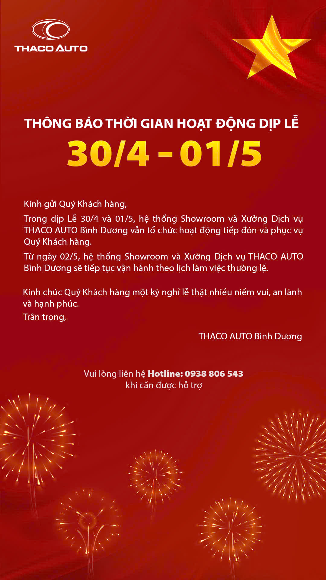 THÔNG BÁO HOẠT ĐỘNG DỊP LỄ 30/4 & 01/5
