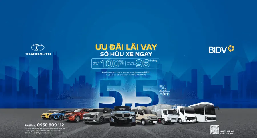 THACO AUTO hợp tác BIDV triển khai gói vay mua xe ưu đãi đến 100% giá trị xe, lãi suất chỉ từ 5,5%/năm