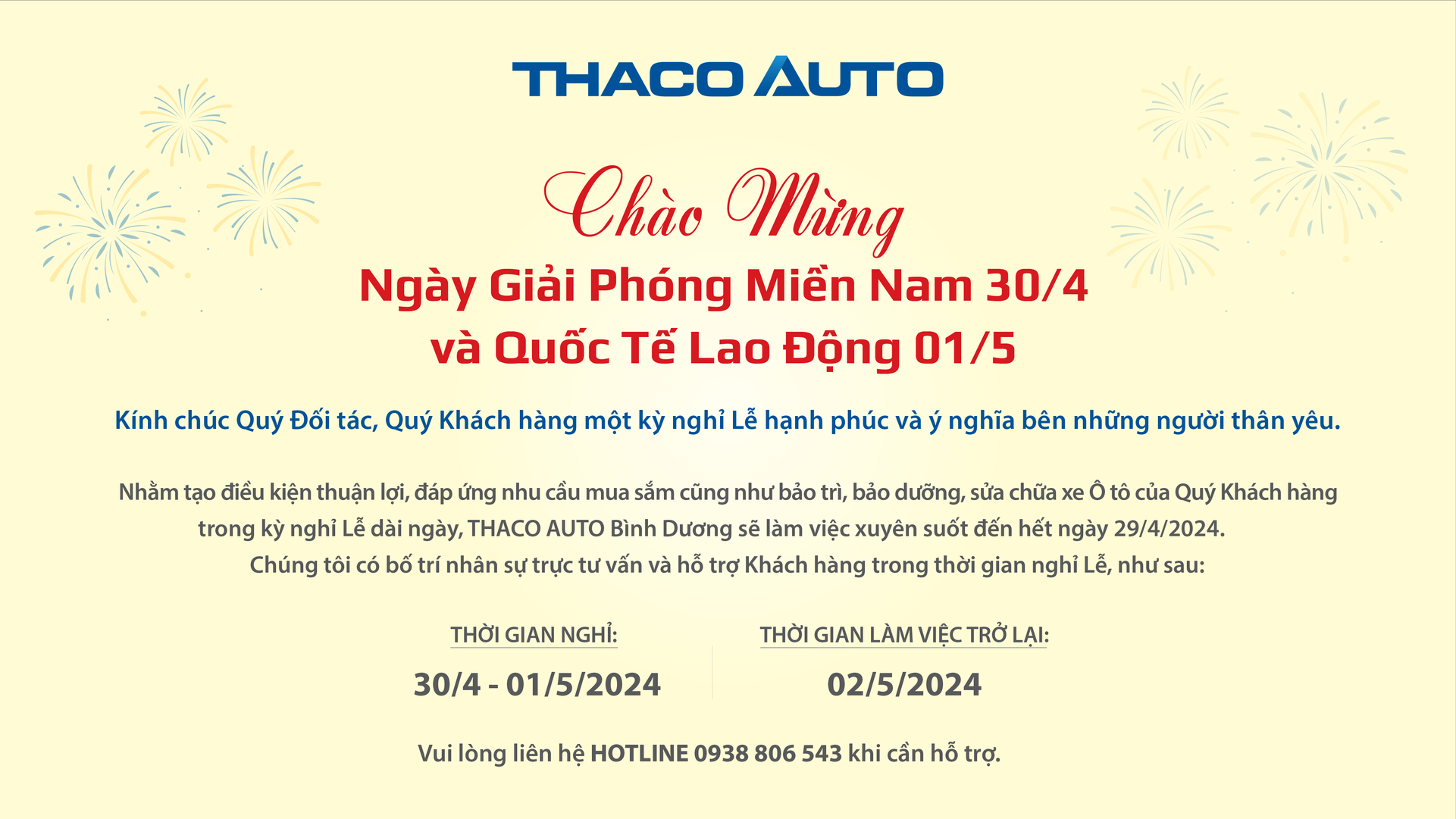 THACO AUTO BÌNH DƯƠNG THÔNG BÁO LỊCH HOẠT ĐỘNG TRONG DỊP LỄ 30/04 - 01/05