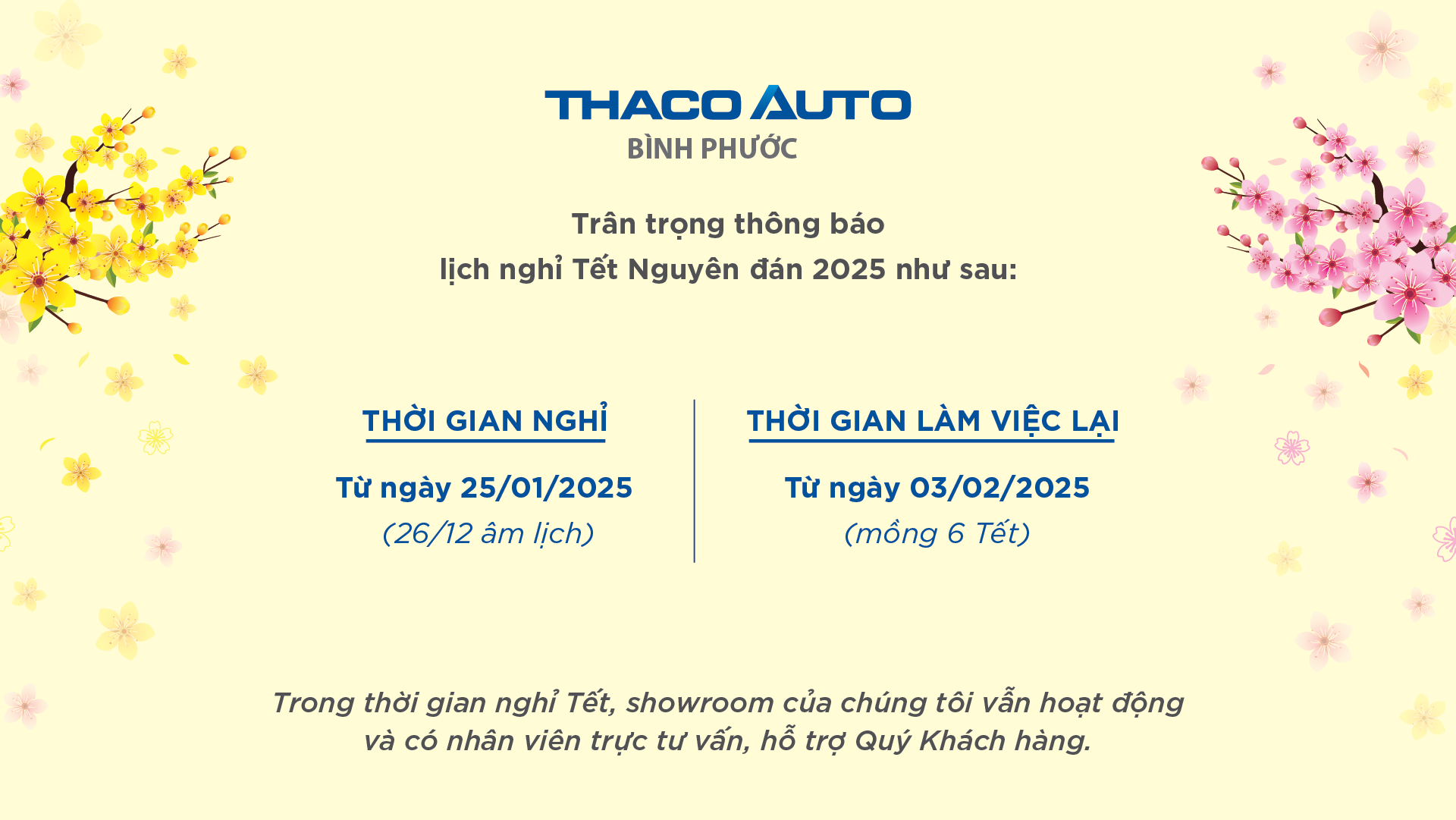 Thông báo lịch nghỉ tết Nguyên Đán năm 2025 tại THACO AUTO Bình Phước