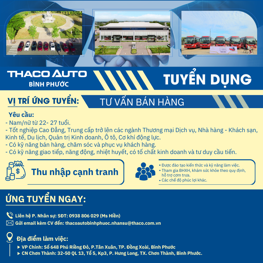 THACO AUTO Bình Phước Tuyển Dụng Tư Vấn Bán Hàng Năm 2024