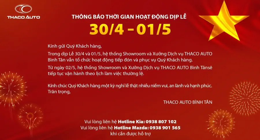 THÔNG BÁO THỜI GIAN HOẠT ĐỘNG DỊP LỄ 30.4 - 1.5