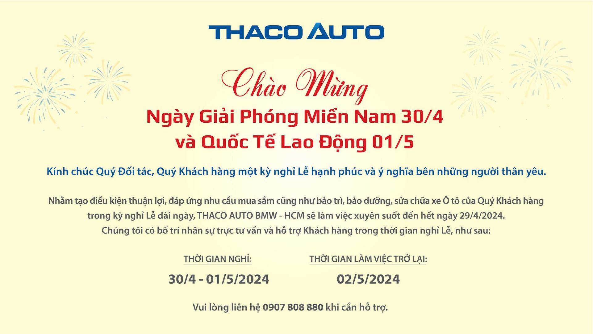 THACO AUTO BMW - HCM THÔNG BÁO LỊCH HOẠT ĐỘNG TRONG DỊP LỄ 30/04 - 01/05