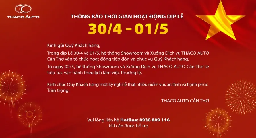 THÔNG BÁO THỜI GIAN HOẠT ĐỘNG DỊP LỄ 30/04 – 01/05