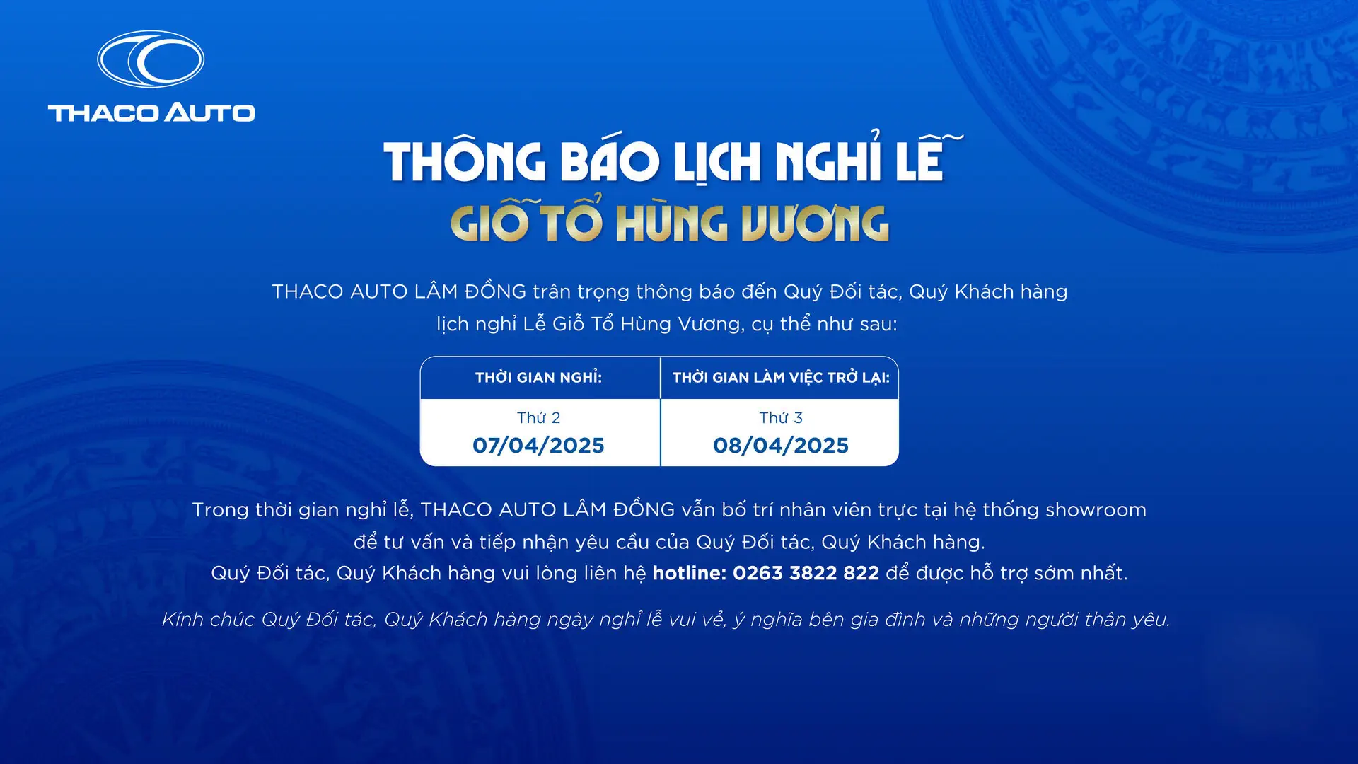 THACO AUTO Lâm Đồng thông báo lịch nghỉ lễ Giỗ Tổ Hùng Vương 2025