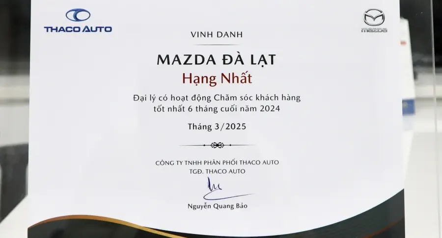 Mazda Đà Lạt xuất sắc nhận giải thưởng về hoạt động chăm sóc khách hàng tốt nhất 6 tháng cuối năm 2024