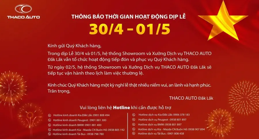 THACO AUTO Đắk Lắk - Thông báo thời gian hoạt động dịp lễ 30/4 - 01/05