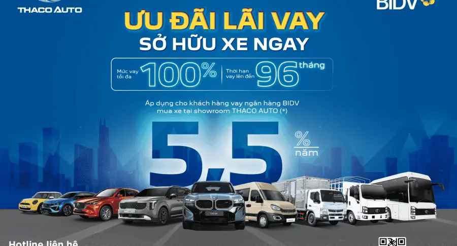 THACO AUTO hợp tác BIDV triển khai gói vay mua xe ưu đãi đến 100% giá trị xe, lãi suất chỉ từ 5,5%/năm