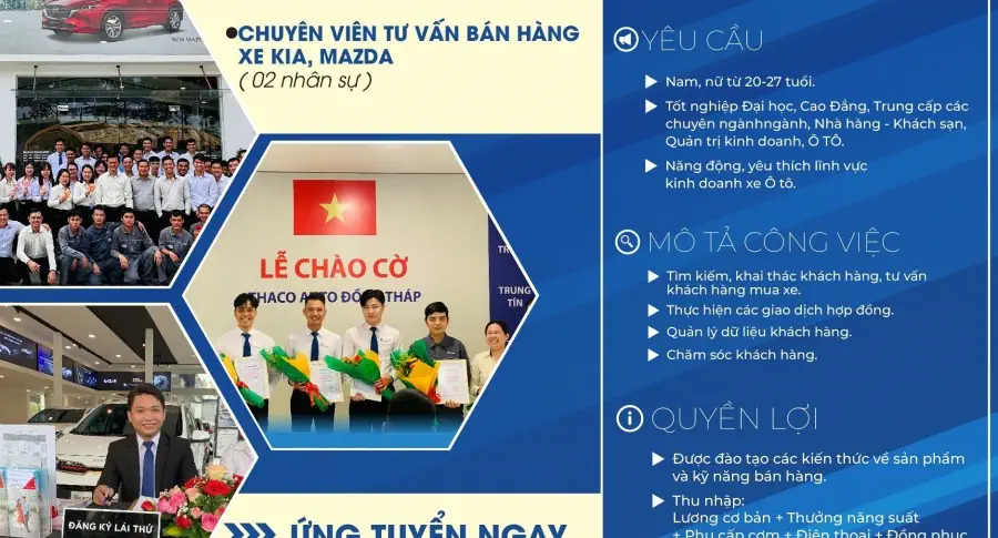 THACO AUTO Đồng Tháp tuyển dụng tư vấn bán hàng xe Kia, Mazda