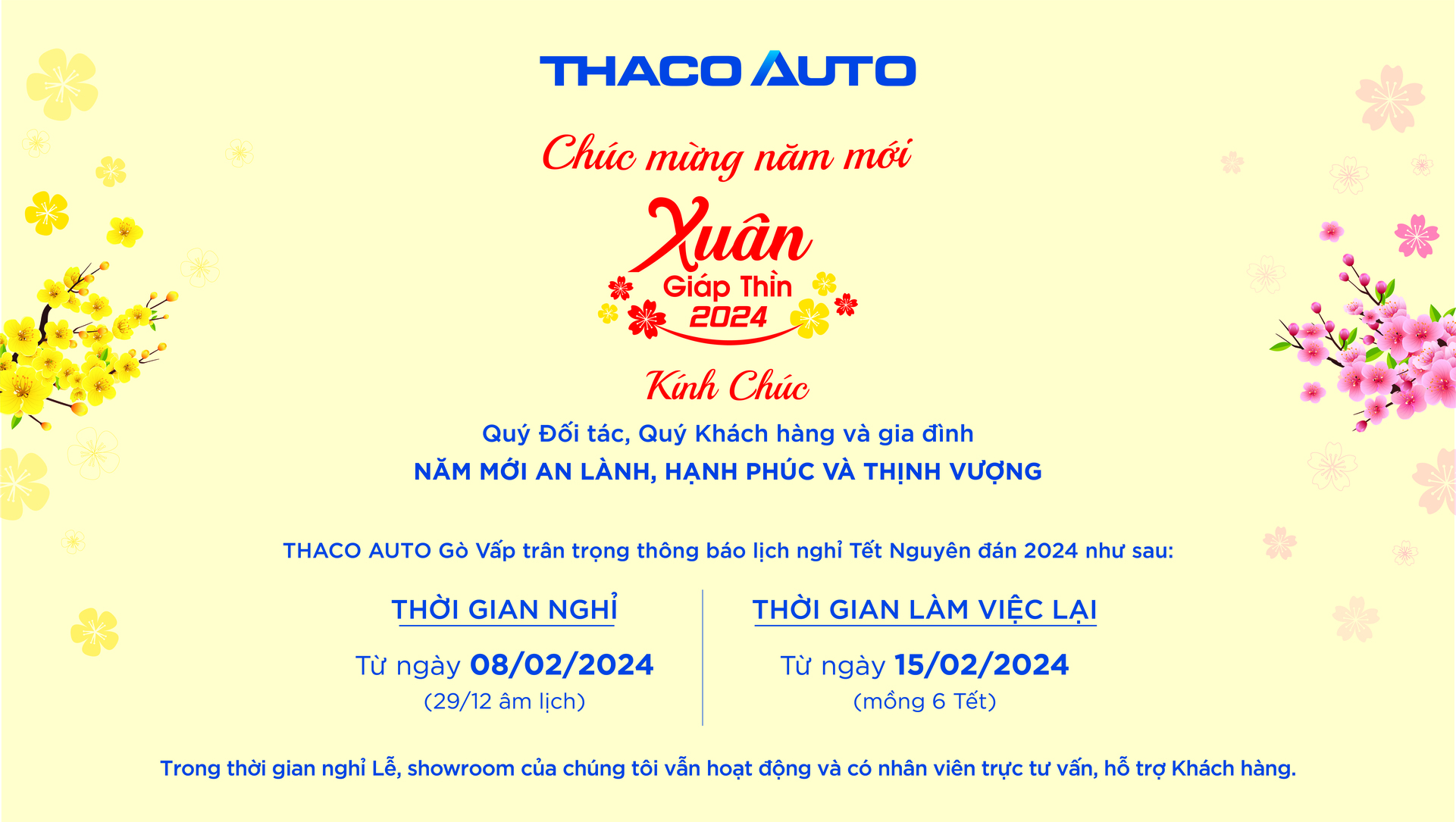 THACO AUTO GÒ VẤP - HCM THÔNG BÁO LỊCH NGHỈ TẾT NGUYÊN ĐÁN 2024