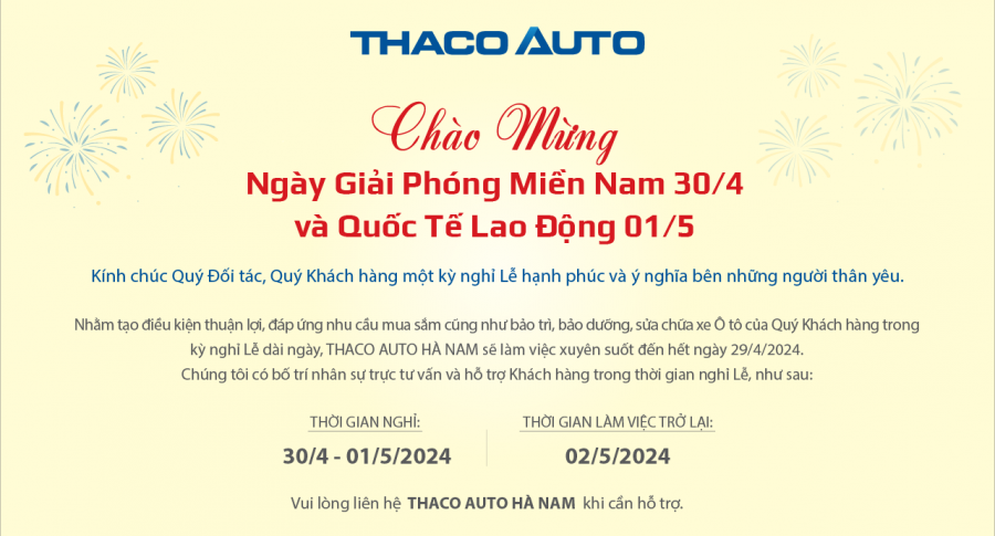 THÔNG BÁO LỊCH LÀM VIỆC 30/4 & 01/5 TẠI THACO AUTO HÀ NAM