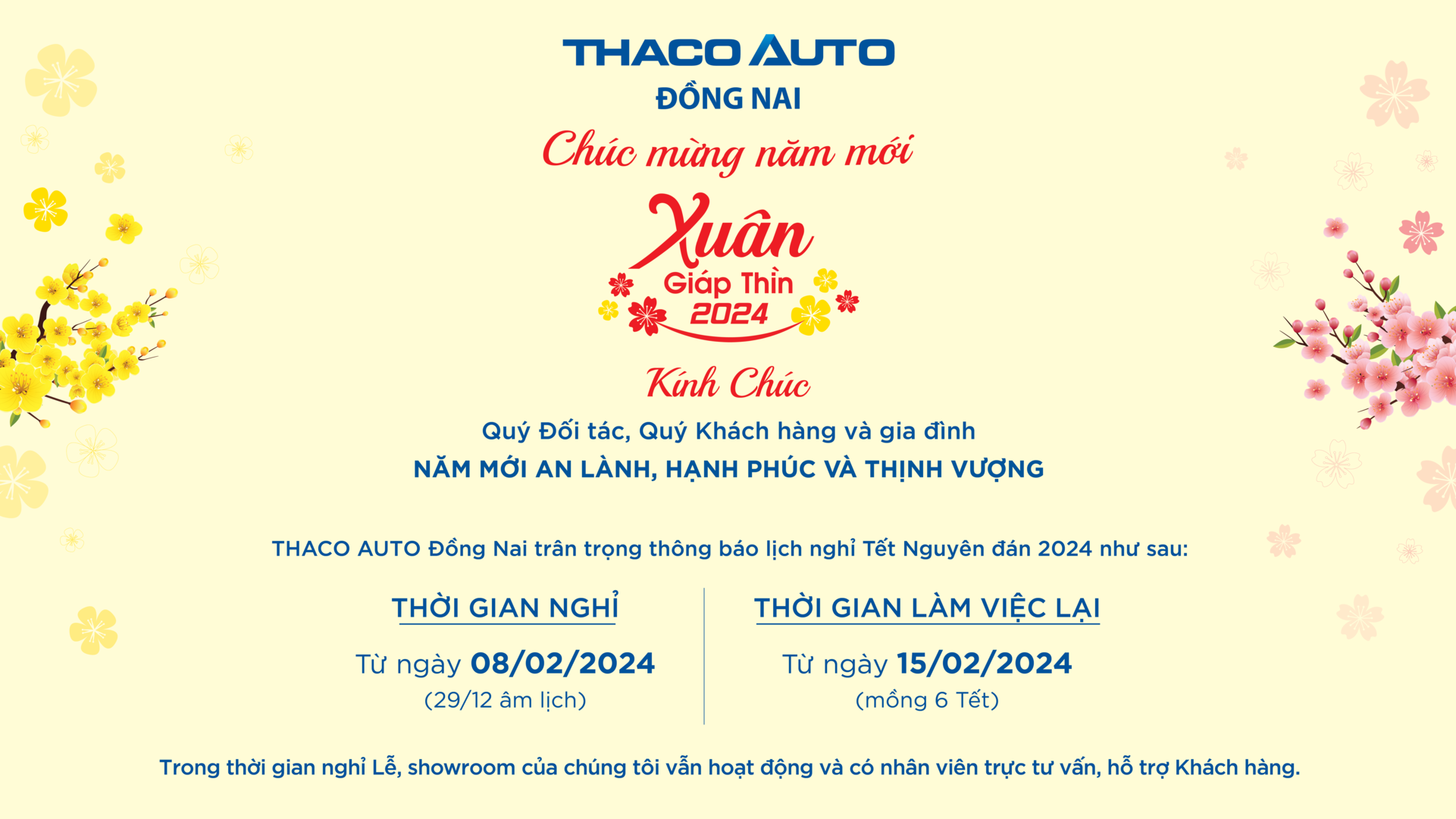 THACO AUTO ĐỒNG NAI XIN THÔNG BÁO LỊCH NGHỈ TẾT ÂM LỊCH 2024