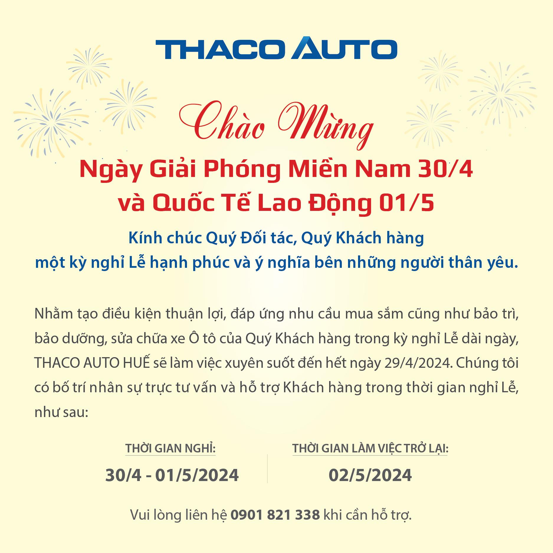 THACO AUTO HUẾ THÔNG BÁO LỊCH HOẠT ĐỘNG TRONG DỊP LỄ 30/04 - 01/05