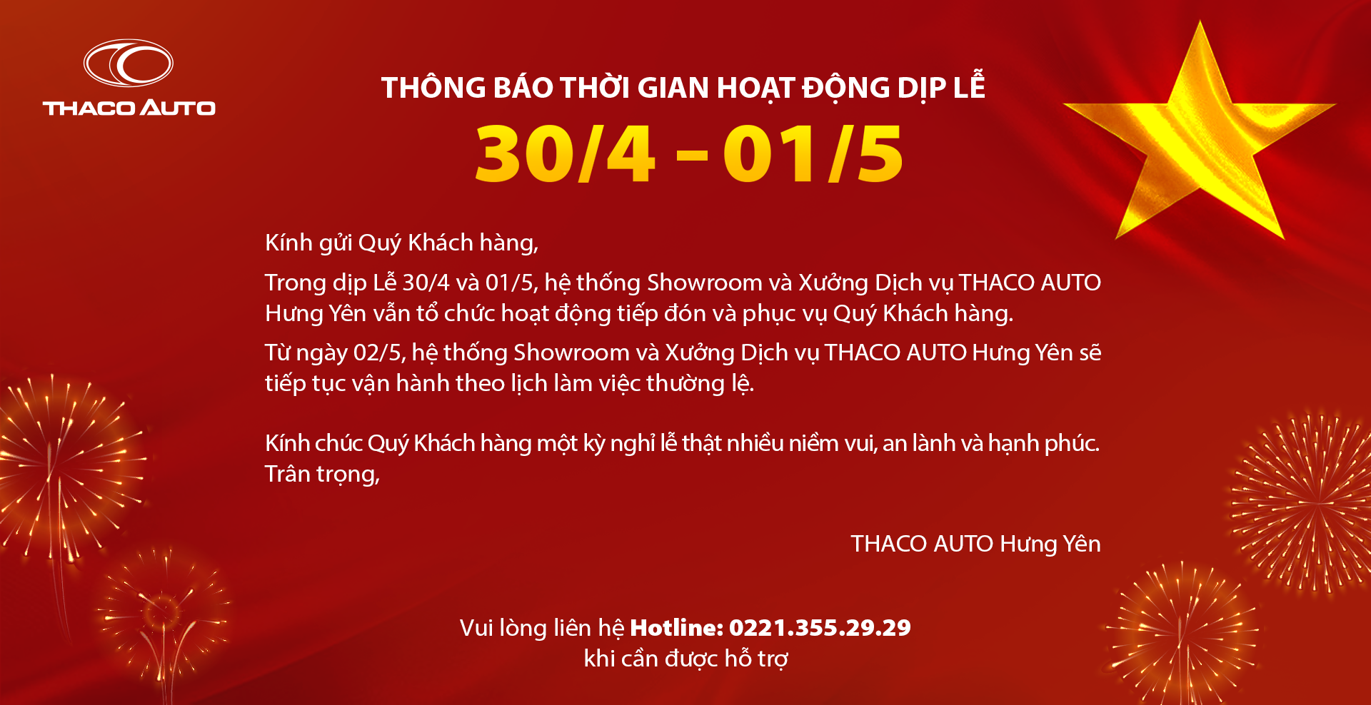 THACO AUTO HƯNG YÊN THÔNG BÁO THỜI GIAN HOẠT ĐỘNG DỊP LỄ 30/4 -1/5