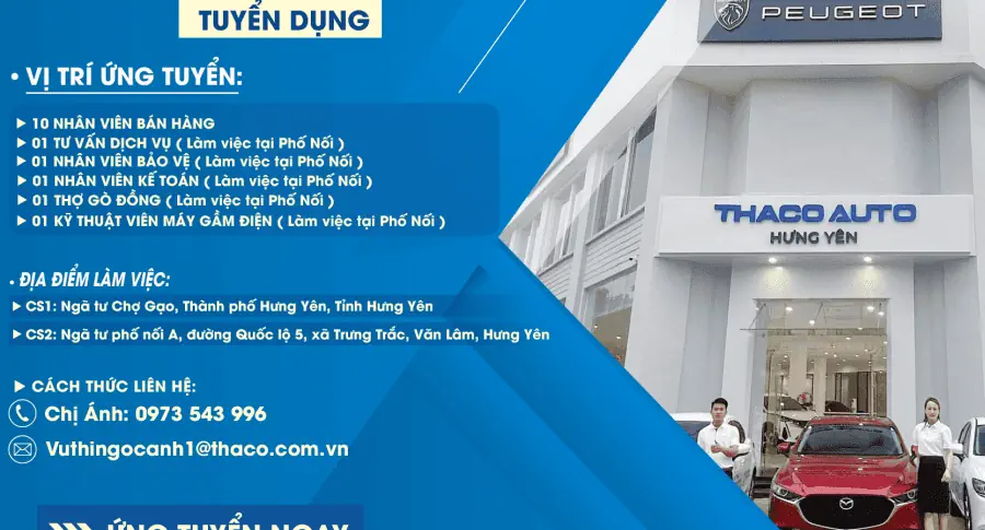 THACO AUTO HƯNG YÊN TUYỂN DỤNG NHIỀU VỊ TRÍ TRONG THÁNG 4