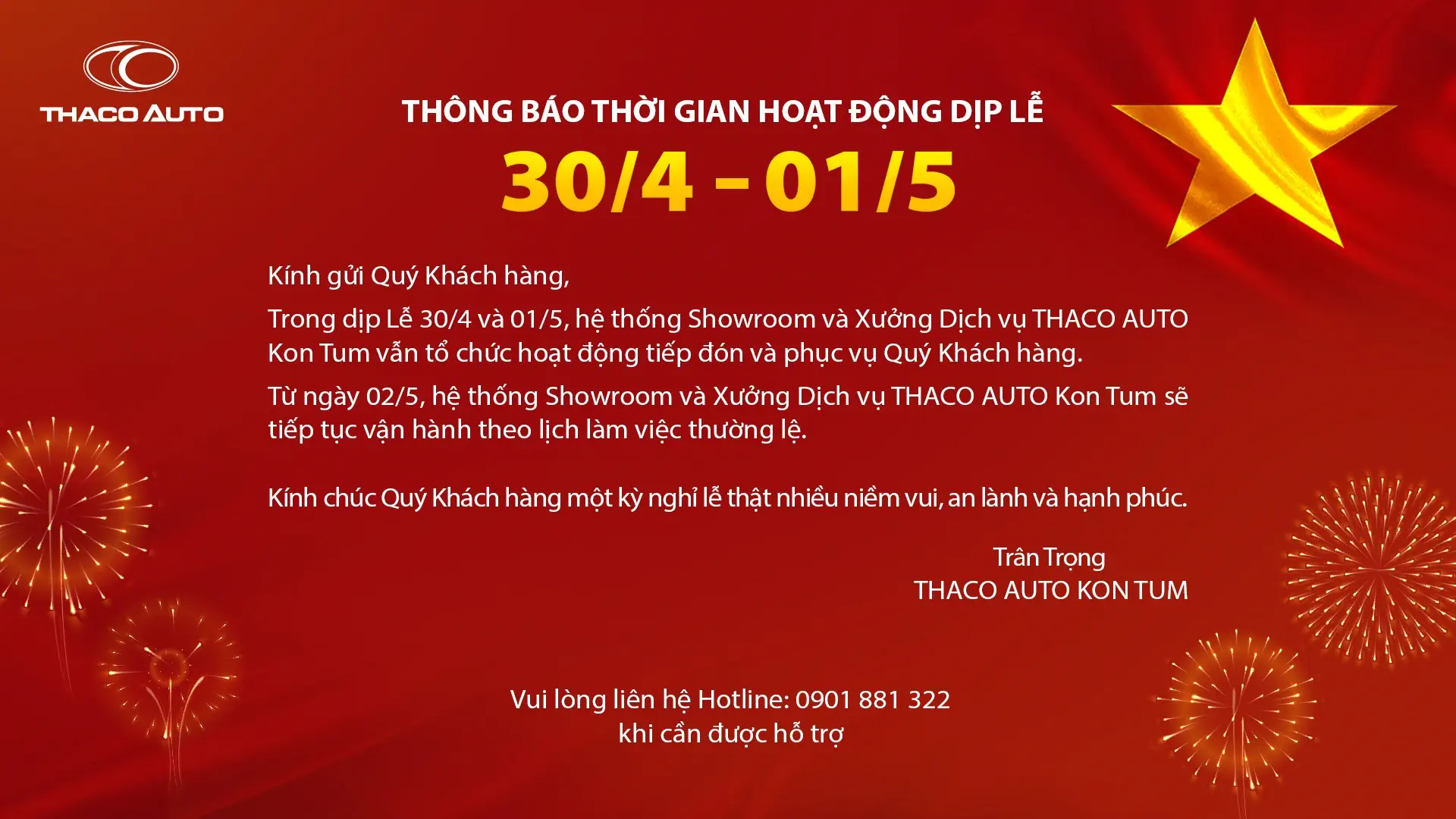 THÔNG BÁO THỜI GIAN HOẠT ĐỘNG DỊP LỄ 30/4 - 01/5​