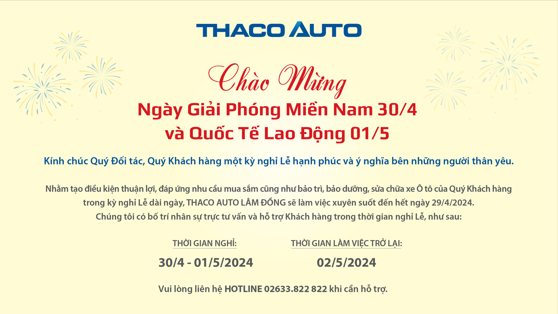 THACO AUTO LÂM ĐỒNG THÔNG BÁO LỊCH HOẠT ĐỘNG TRONG DỊP LỄ 30/04 - 01/05