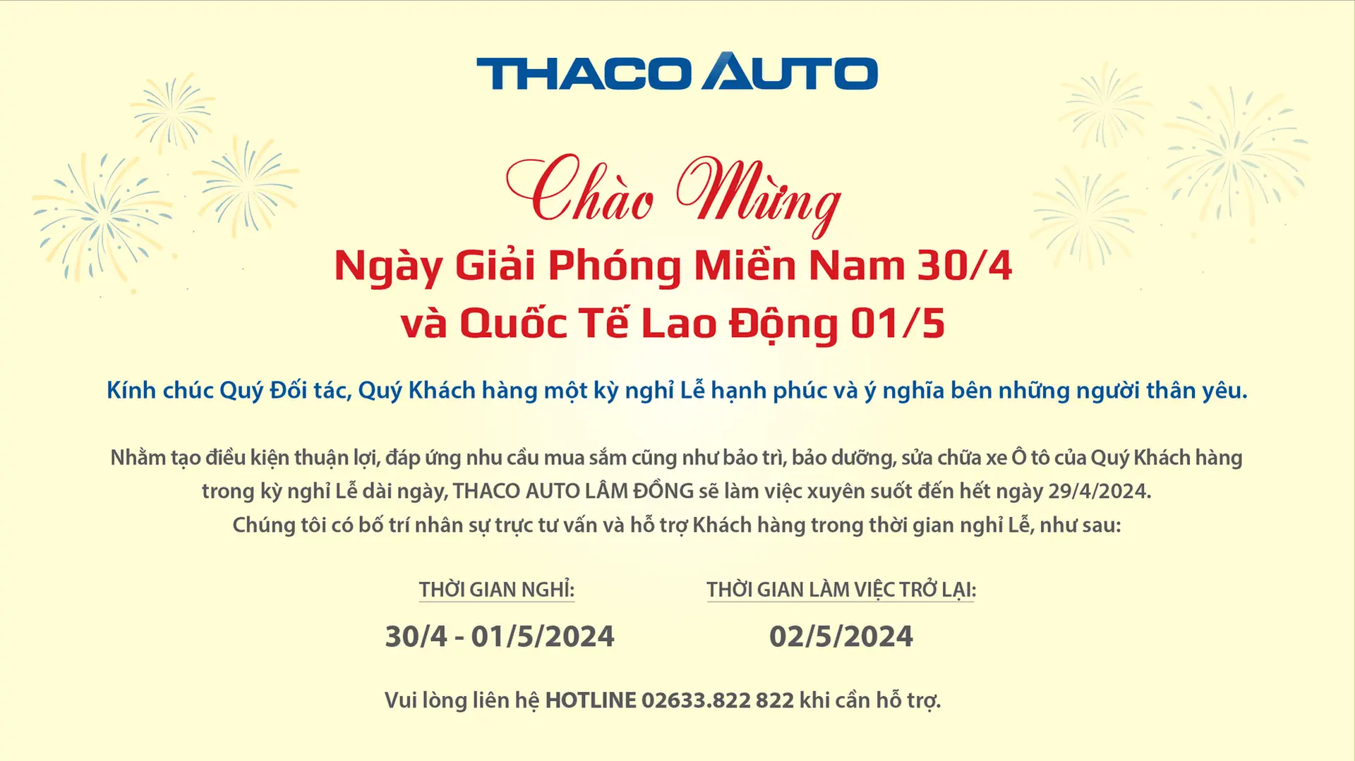 THACO AUTO LÂM ĐỒNG THÔNG BÁO LỊCH HOẠT ĐỘNG TRONG DỊP LỄ 30/04 - 01/05