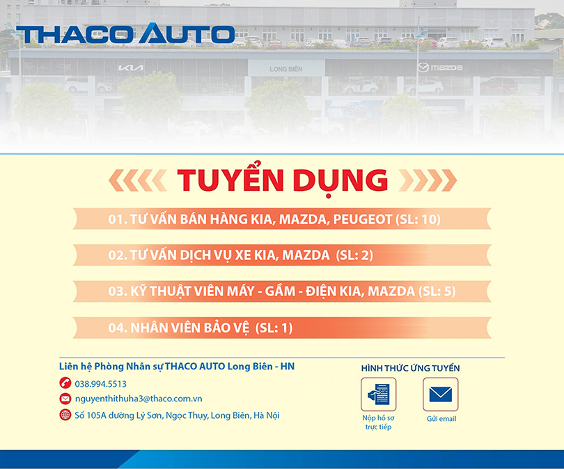 THACO AUTO Long Biên - Hà Nội tuyển dụng nhân sự tháng 6/2024