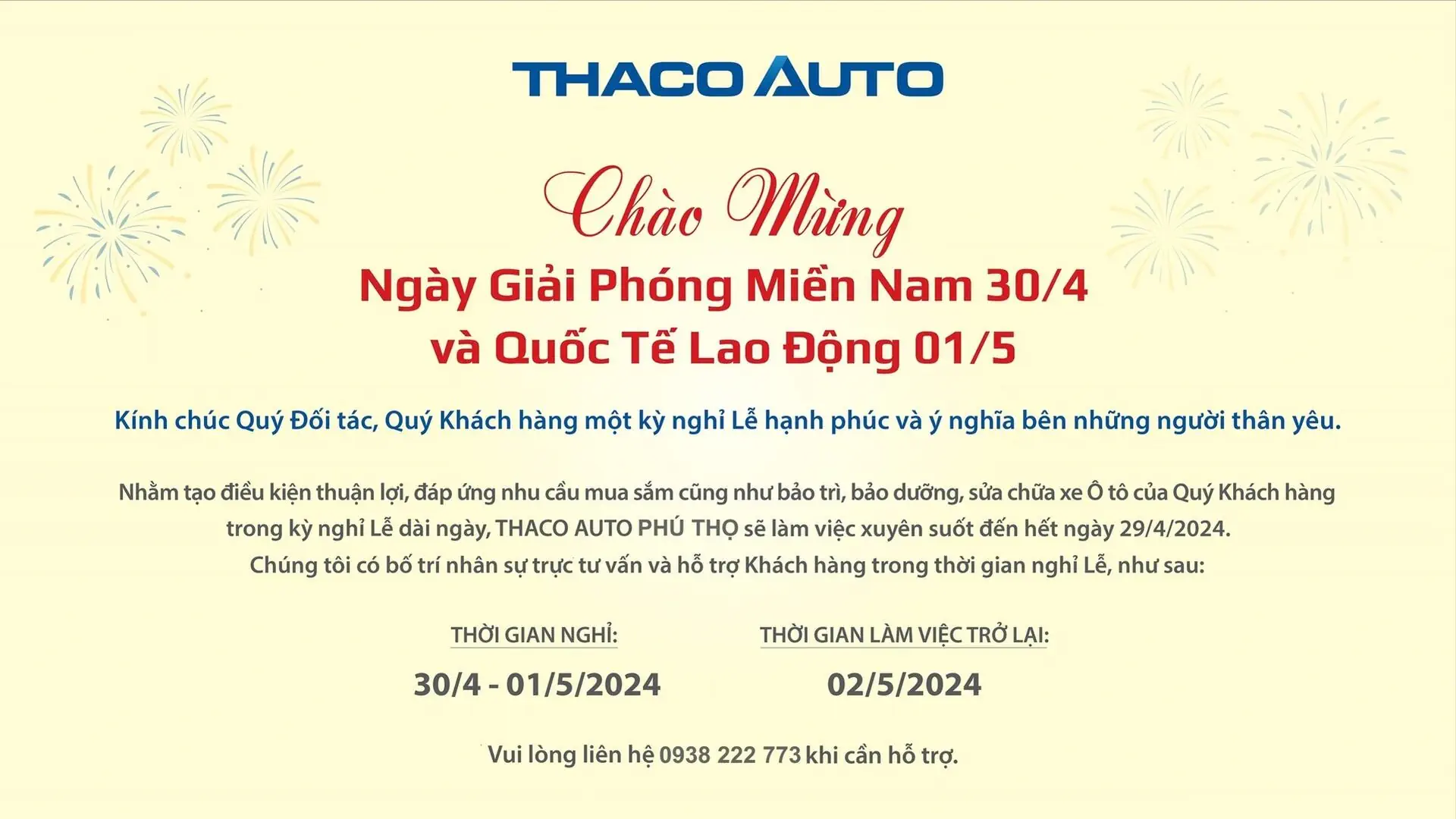 THACO AUTO PHÚ THỌ CHÀO MỪNG NGÀY GIẢI PHÓNG MIỀN NAM 30/04 VÀ QUỐC TẾ LAO ĐỘNG 01/05!