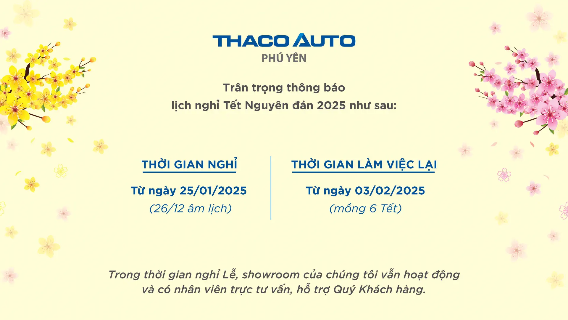 THACO AUTO Phú Yên thông báo Lịch nghỉ Tết Nguyên đán