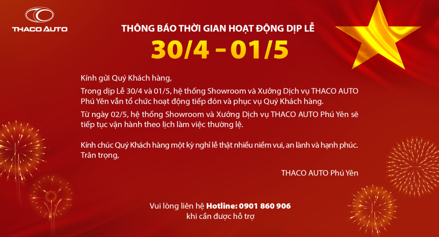 THÔNG BÁO THỜI GIAN HOẠT ĐỘNG DỊP LỄ 30/4 - 01/5