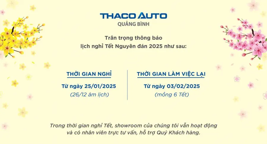 Thông báo lịch nghỉ tết nguyên đán của THACO AUTO Quảng Bình