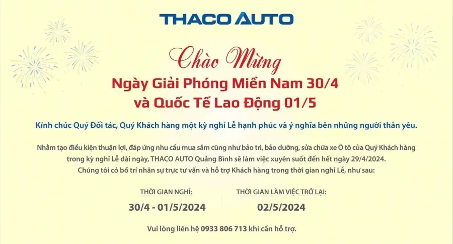 THÔNG BÁO LỊCH HOẠT ĐỘNG TRONG DỊP LỄ 30/04 - 01/05
