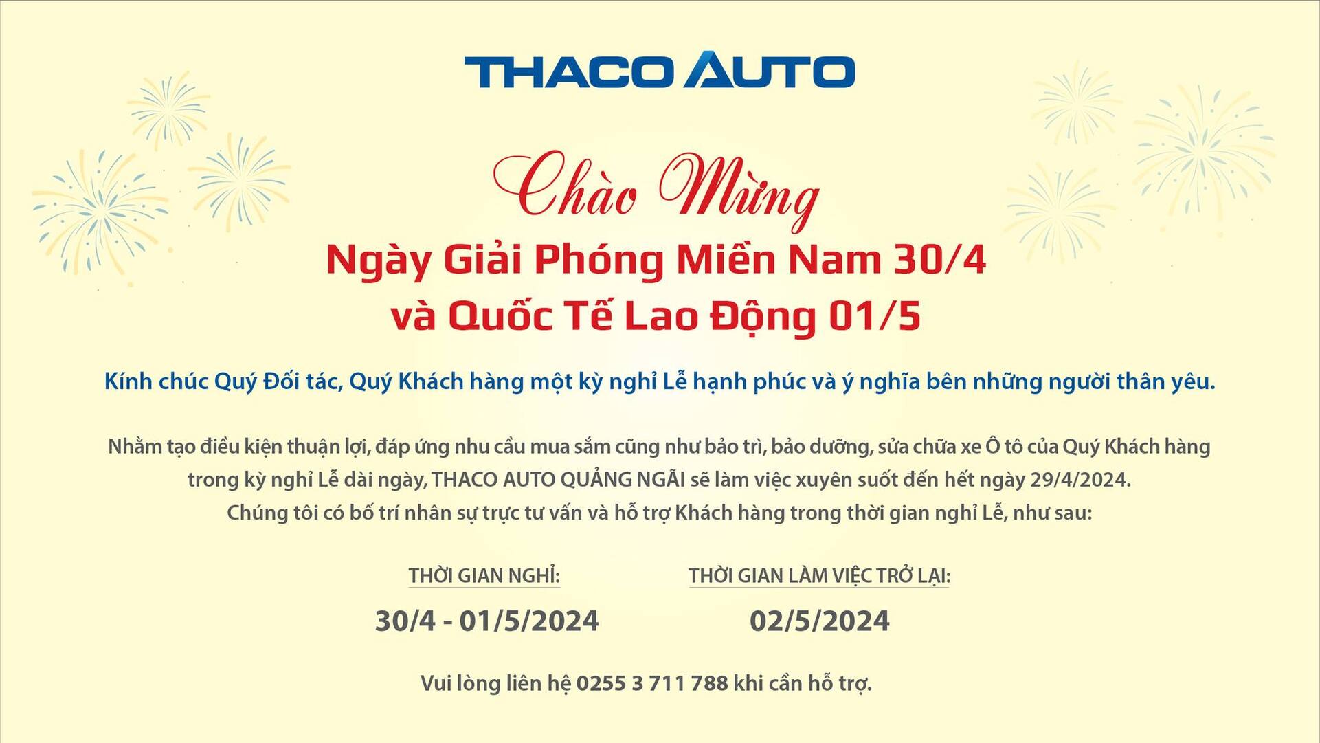 THACO AUTO QUẢNG NGÃI THÔNG BÁO LỊCH HOẠT ĐỘNG TRONG DỊP LỄ 30/04 - 01/05