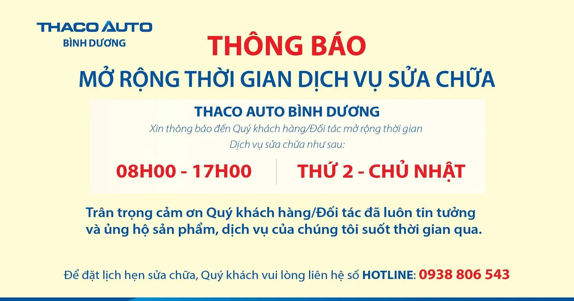 THACO AUTO BÌNH DƯƠNG XIN THÔNG BÁO: MỞ RỘNG KHUNG GIỜ DỊCH VỤ SỬA CHỮA TẠI XƯỞNG DỊCH VỤ