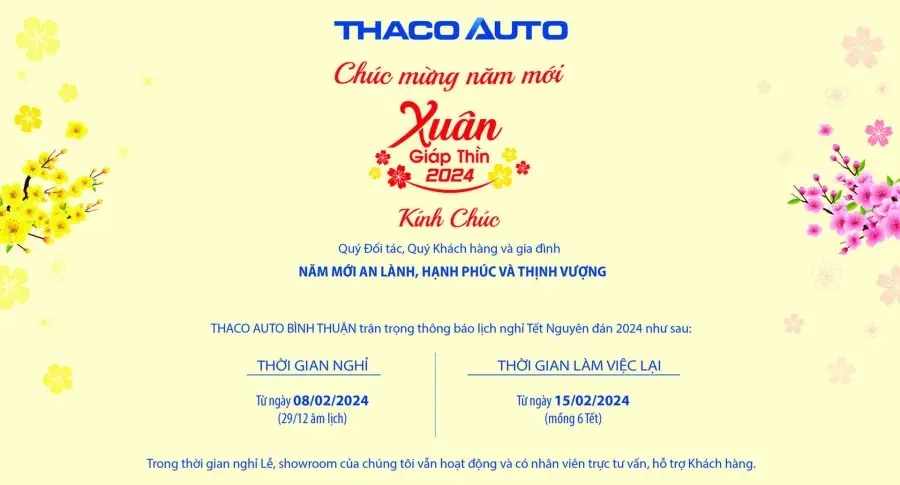 THACO AUTO Bình Thuận thông báo Lịch nghỉ Tết Nguyên đán 2024