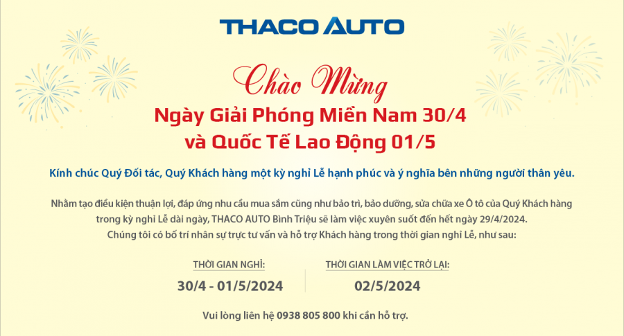 THACO AUTO BÌNH TRIỆU THÔNG BÁO LỊCH HOẠT ĐỘNG TRONG DỊP LỄ 30/04 - 01/05