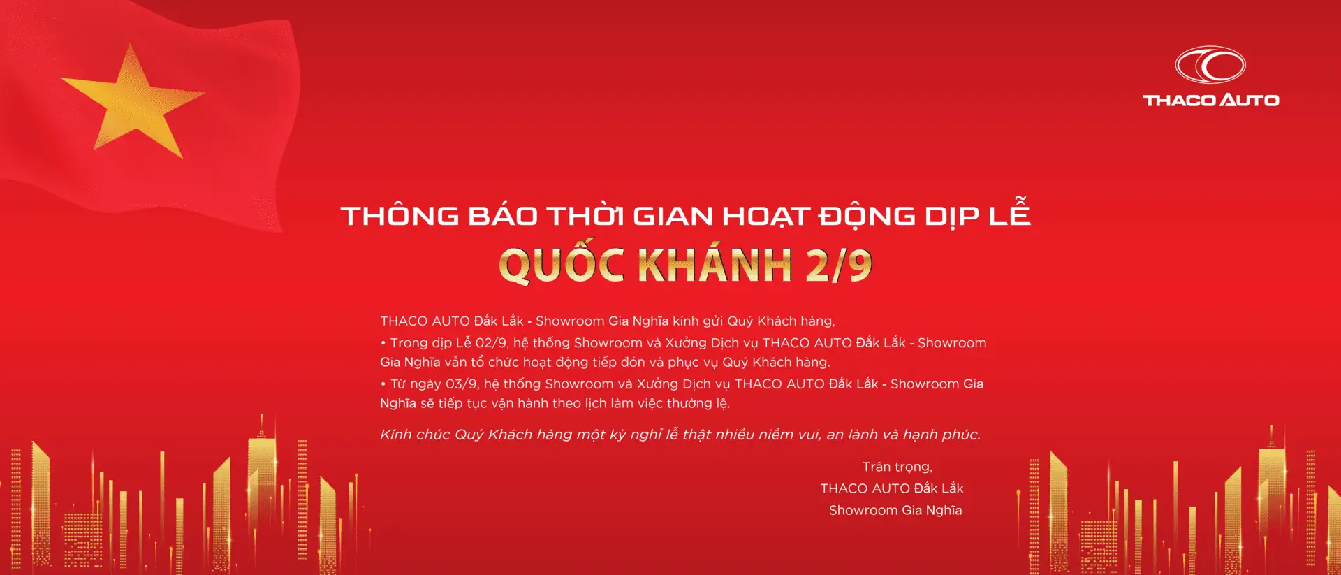 THÔNG BÁO THỜI GIAN HOẠT ĐỘNG DỊP LỄ QUỐC KHÁNH 02/9