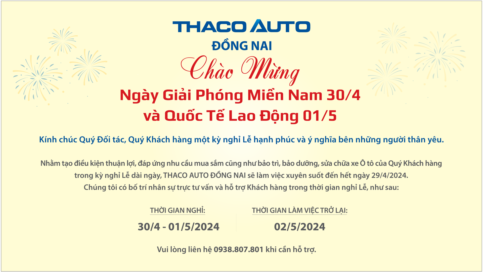 THACO AUTO ĐỒNG NAI THÔNG BÁO LỊCH HOẠT ĐỘNG TRONG DỊP LỄ 30/04 - 01/05