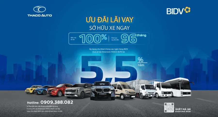 THACO AUTO hợp tác BIDV triển khai gói vay mua xe ưu đãi đến 100% giá trị xe, lãi suất chỉ từ 5,5%/năm