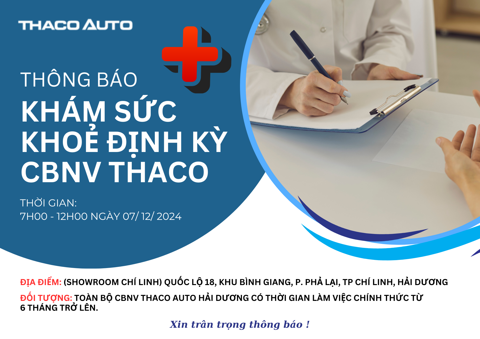 THACO AUTO HẢI DƯƠNG THÔNG BÁO CHƯƠNG TRÌNH KHÁM SỨC KHỎE ĐỊNH KỲ CHO CBNV  NĂM 2024