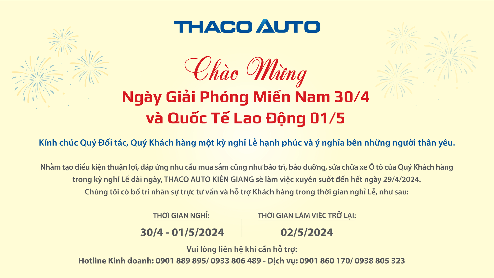 THACO AUTO KIÊN GIANG THÔNG BÁO LỊCH HOẠT ĐỘNG TRONG DỊP LỄ 30/04 - 01/05