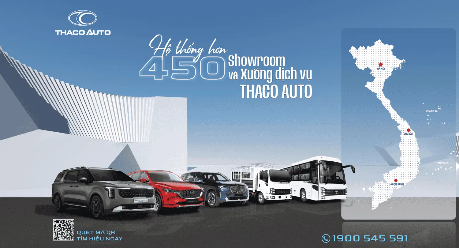 Hệ thống hơn 450 showroom và xưởng dịch vụ THACO AUTO trên toàn quốc, đáp ứng mọi nhu cầu của khách hàng