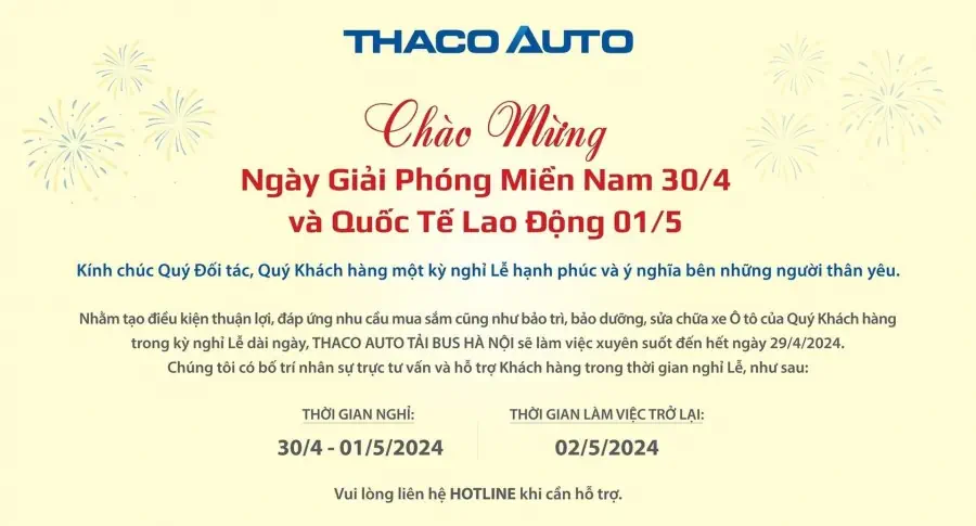 THÔNG BÁO LỊCH LÀM VIỆC 30/04 - 01/05/2024