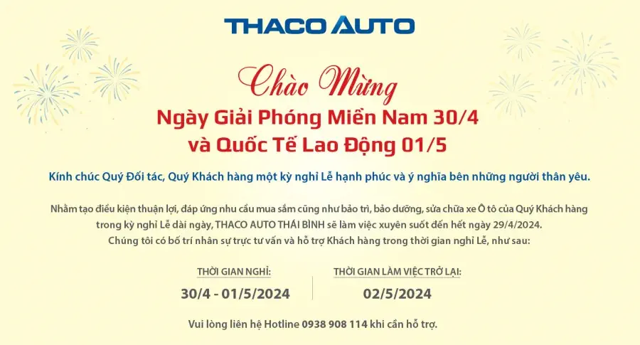 THÔNG BÁO LỊCH LÀM VIỆC 30/04/2024 - 01/05/2024