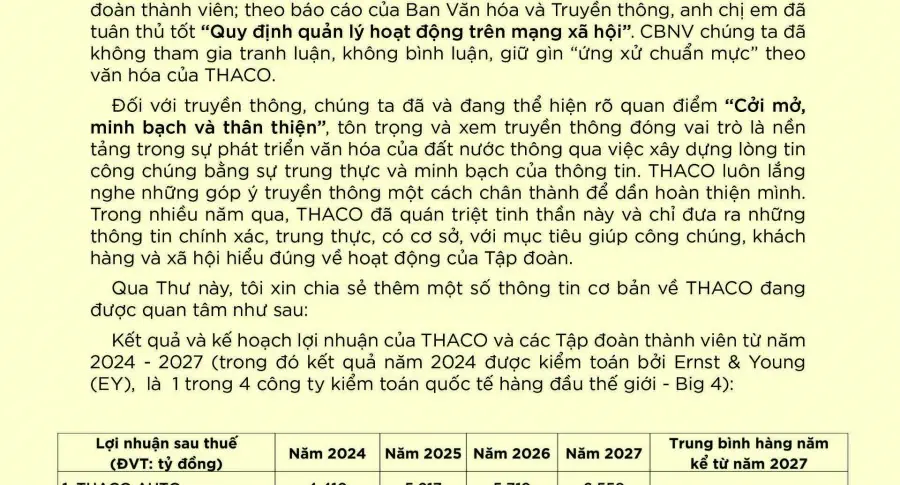 THACO khẳng định sự minh bạch và văn hóa ứng xử trên các phương tiện truyền thông